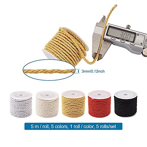 KISSITTY 5 Roll Polyester Twisted Cord 5 Color 3mm Decorative Twisted Satin Polyester Twine Braided Cord Rope String Thread for Braid Knotting Gift Wrapping