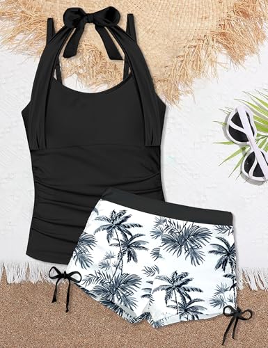 Girls Swimsuit 2 Piece Halterneck Girls Tankini Swimsuit Drawstring Printed Swim Shorts Girl Bathing Suit for 7-16T4