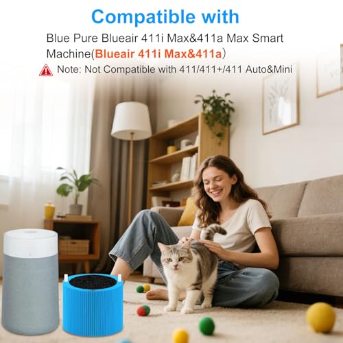 Image of 411i /411a Max Replacement Filter Compatible for Blueair Blue Pure(Not for 411 /411Auto&mini /411+), Powerful Particle Dust Dander Filter&Odor Smoke Activated Carbon Filter for Home, #F4MAX, Blue, 2 Pack