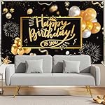 Happy Birthday Banner Backdrop, Black and Gold Birthday Party Background 73 x 43 Inch Fabric with Balloons Fireworks, Indoor Outdoor Photo Booth Decoration for Men Women - Image 5