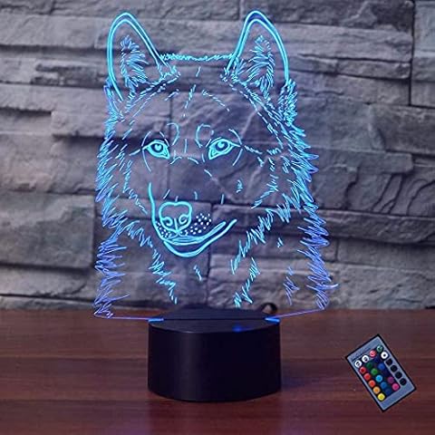 Creative 3D Wolf Night Light 16 Colors Changing Remote Control USB Power Touch Switch Decor Lamp Optical Illusion Lamp LED Table Desk Lamp Christmas Brithday Children Kids Gift Cover