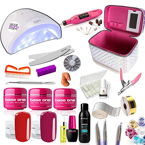 Costruttore Gel Unghie Kit Ricostruzione Unghie Gel Completo con Lampada LED 48W , bauletto,accessori, primer e Fresa non professionale in Omaggio