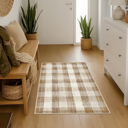 Image of Checkered Area Rug, 2x3, Brown | Washable, Non Slip, Modern Neutral, For Living Room Bedroom Office Patio Dining Room