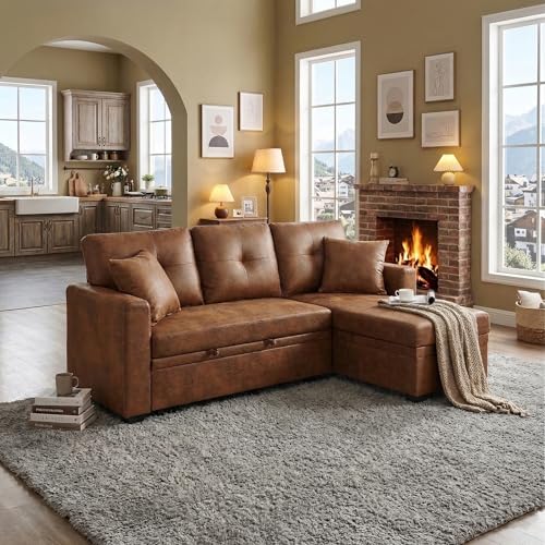 Image of KEIKI 71 inch L Shaped Sofa with Pull Out Sofa Bed, Sectional Sleeper Sofa with Reversible Chaise, 3 Seater Modular Sectional Sofa with Storage for Living Room, Light Brown