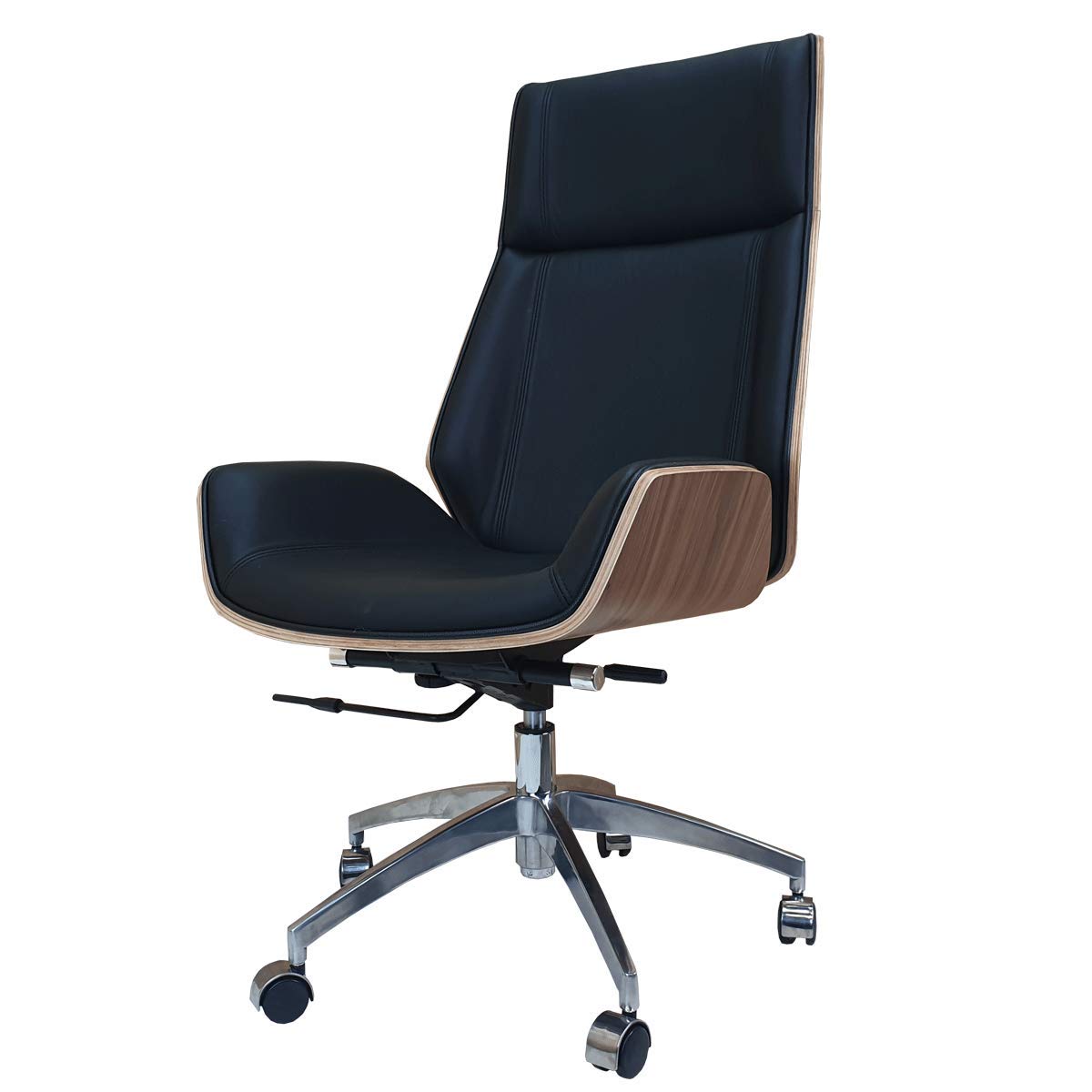 Designer High Back Office Chair Walnut Wood Black Leather