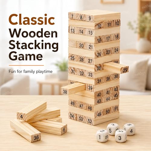 Image of Zest 4 Toyz Wooden Building Blocks Puzzle Game Wooden Stacking Tower Game for Kids 48 Pcs Numbered Wooden Blocks Family Board Game Dice Game Educational Learning Indoor Games for Kids
