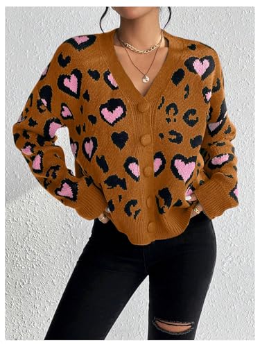 Image of MakeMeChic Women's Leopard Cardigan Sweaters V Neck Button Down Long Sleeve Y2K Cardigan