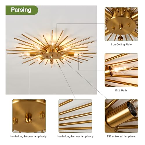 Image of Gold Flush Mount Ceiling Light Fixture Modern 8 Light Ceiling Lighting Metal Chandelier for Kitchen Dining Room Farmhouse Bedroom Hallway Living Room