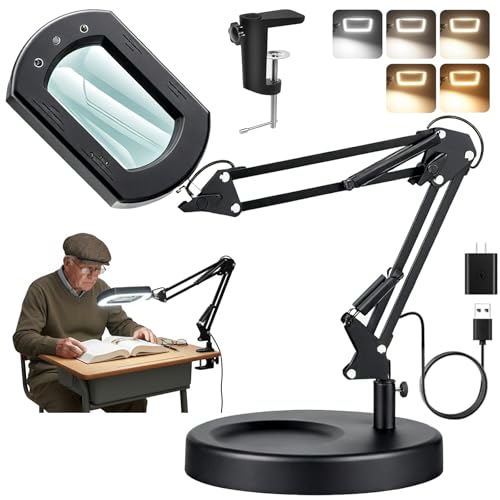10X 30X Lighted Magnifying Glass with Stand & Clamp, 7' Large Rectangular Lens, 5 Color Modes & Stepless Dimming, Hands-Free Swing-Arm Desk Lamp for Close Work, Reading, Crafts, Soldering & Repairs