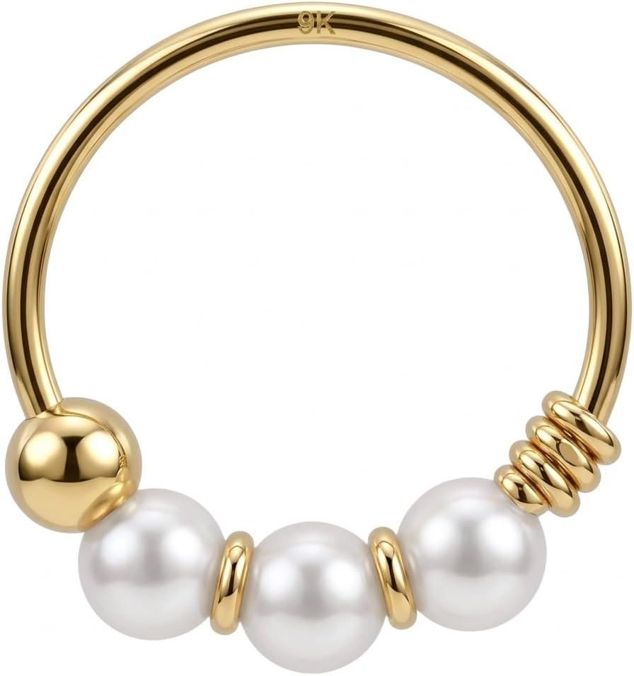 9K Solid Yellow Gold with Triple Pearl Ball 22 Gauge - 8mm Diameter Hoop Nose Ring - Tragus - Cartilage - Daith - Rook - Lobe - Conch Piercing Body Jewelry