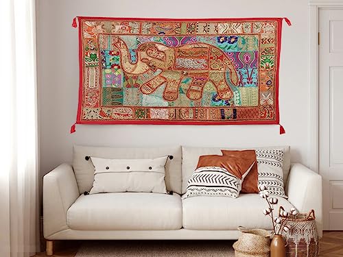Image of Ekam Art Rajasthani Handmade Heavy Elephant Embroidery Cotton Patchwork Tapestry Cotton Wall Decor Hanging Beaded Tapestries Home Living Room Decor 40 x 60 Inch (Orange)
