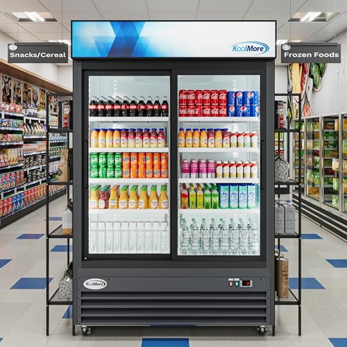 Image of KoolMore MDR-2D-GSLD Commercial Glass 2 Door Display Refrigerator Merchandiser - Upright Beverage Cooler with LED Lighting - 45 Cu. Ft., Black