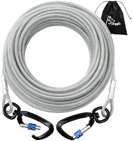 Dog Tie Out Cable 10/15/20/30/50FT - Heavy Duty Dog Lead Up to 250 Pounds - Reflective & Rust-Free with Locking Clip & 360° Rotating Clasp - Tangle-Free Dogs Runner for Yard,Camping