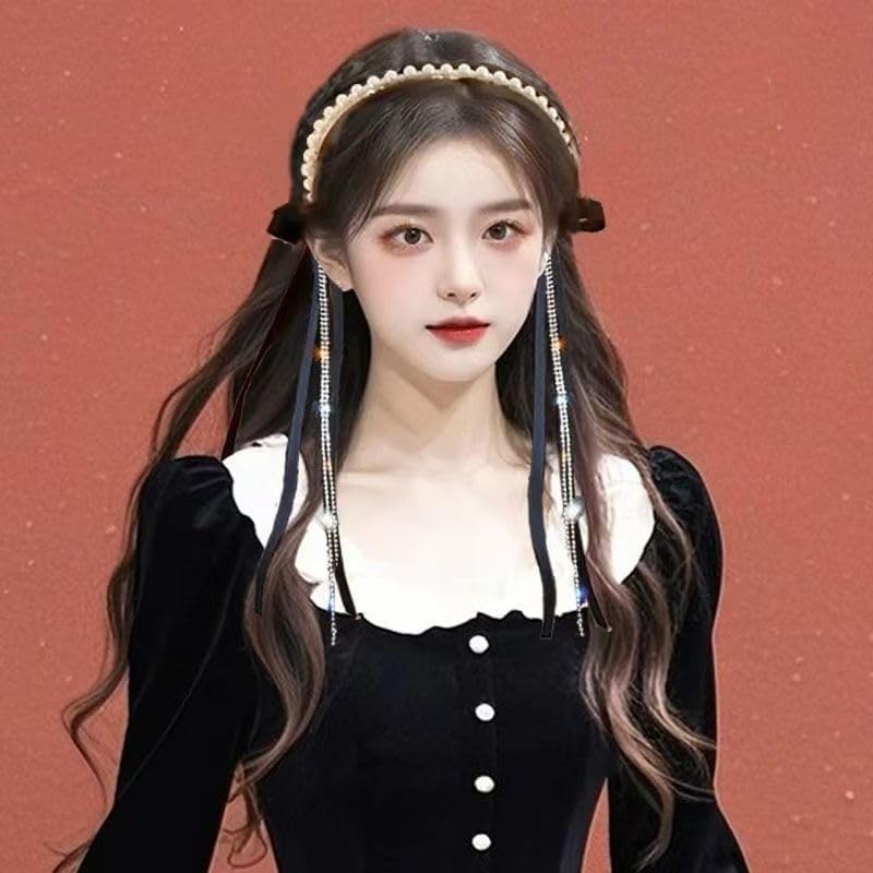 Faraway Love フレンチボウ スパークリングダイヤモンドタッセル ヘアフープ パールヘア ヘアピン ヘッドバンド ジュエリ