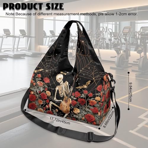 Travel Duffel Bag for Women Large Capacity Overnight Bag with Shoe Compartment Lightweight Sports Fitness Hospital Carry on Bags Halloween Decor Outfits, Red Roses Skeleton 7
