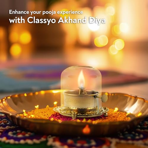 Image of Classyo Brass Akhand Diya with Adjustable Bati, with Screw Lever for Puja, Borosilicate Glass (4 inch, 180 ml Oil Capacity)