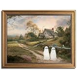 Gold Framed Vintage Halloween Wall Art, Rustic Landscape Wall Decor, Cute Ghost Decor Wall Art, Aesthetic Halloween Wall Decor (9.5''x12'')