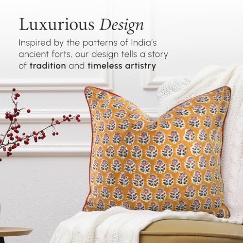 CPC 100% Cotton Throw Pillow Covers 24x24 Inch, Set of 2 Yellow Block Print Pattern Couch Pillow, Cute Boho Decorative Pillows for Living Room, Bedroom with Hidden Zipper- Yellow Citrine