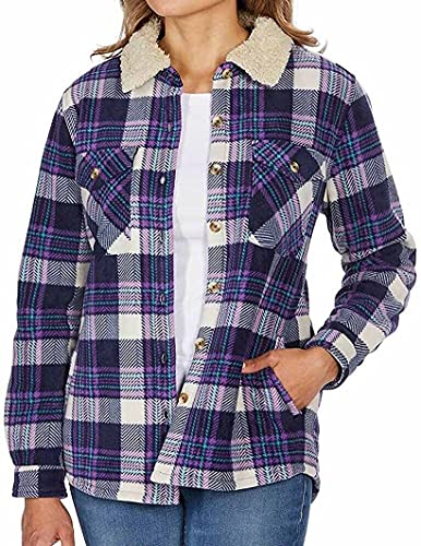 Women's Plaid Fleece Jackets Plush Sherpa Lined Shirt Jacket with Pockets