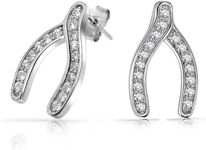 CZ Good Luck Charm Wishbone Cubic Zirconia Pave Stud Earrings For Women Teen Graduation Gift 925 Sterling Silver