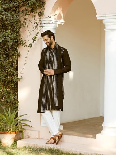 Image of See Designs Men Full Sleeve Chanderi Silk Sequins Mandarin Collar Side Slit Kurta