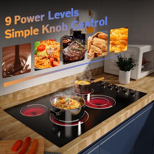 Image of Electric Cooktop 34.25 Inch - Built-in(34.25 inchx19.3 inch) 5 Burner Electric Stove Top 8400W High Power, 36 inch Ceramic Cooktop with Knob Touch, Dual Ring, Overheat Protection, 220-240V Hard Wired