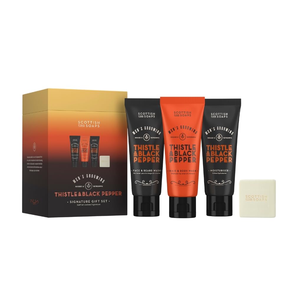 Scottish Fine Soaps Men's Grooming Thistle & Black Pepper Signature Gift Set – Includes Eau de Toilette, Aftershave Balm, Hair & Body Wash