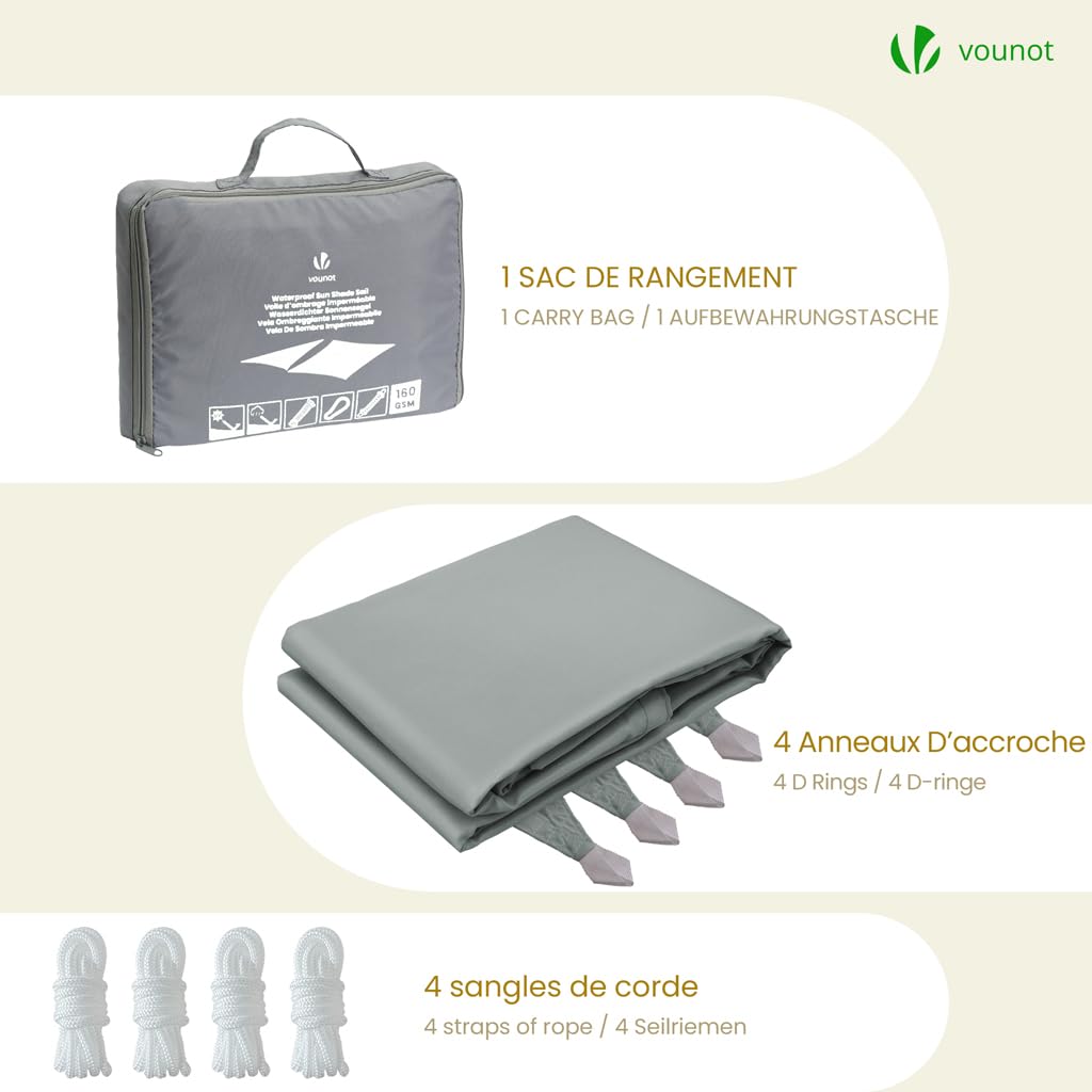 VOUNOT® Vela Ombreggiante Impermeabile Rettangolare 3x5m, Tenda da Sole per Esterno in Polyester con Kit di Fissaggio, Protezione UV 95%, Vele Ombreggianti per Giardino, Balcone, Terrazza, Grigio
