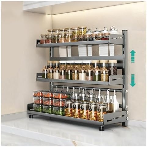 Adjustable 2-Tier Metal Kitchen Rack for Countertop & Cabinet - Height-Adjustable Organizer with Knife Slot, Rust-Proof & Sturdy Storage Shelf (Black, 40cm)
