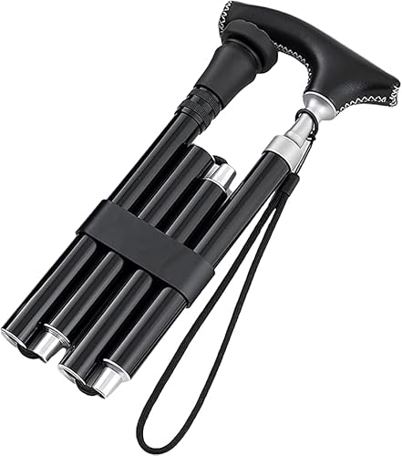 折りたたみ杖 多点杖 伸縮 つえ すこやかステッキ 男性女性用折りたたみ式杖、黒の調節可能なポータブルステッキ、旅行や仕事用のPU快適なハンドル付きアルミニウム松葉杖