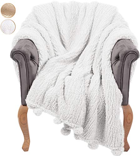 GREEN ORANGE Throw Blanket for Couch - 50x60, Ivory White with Pom Poms
