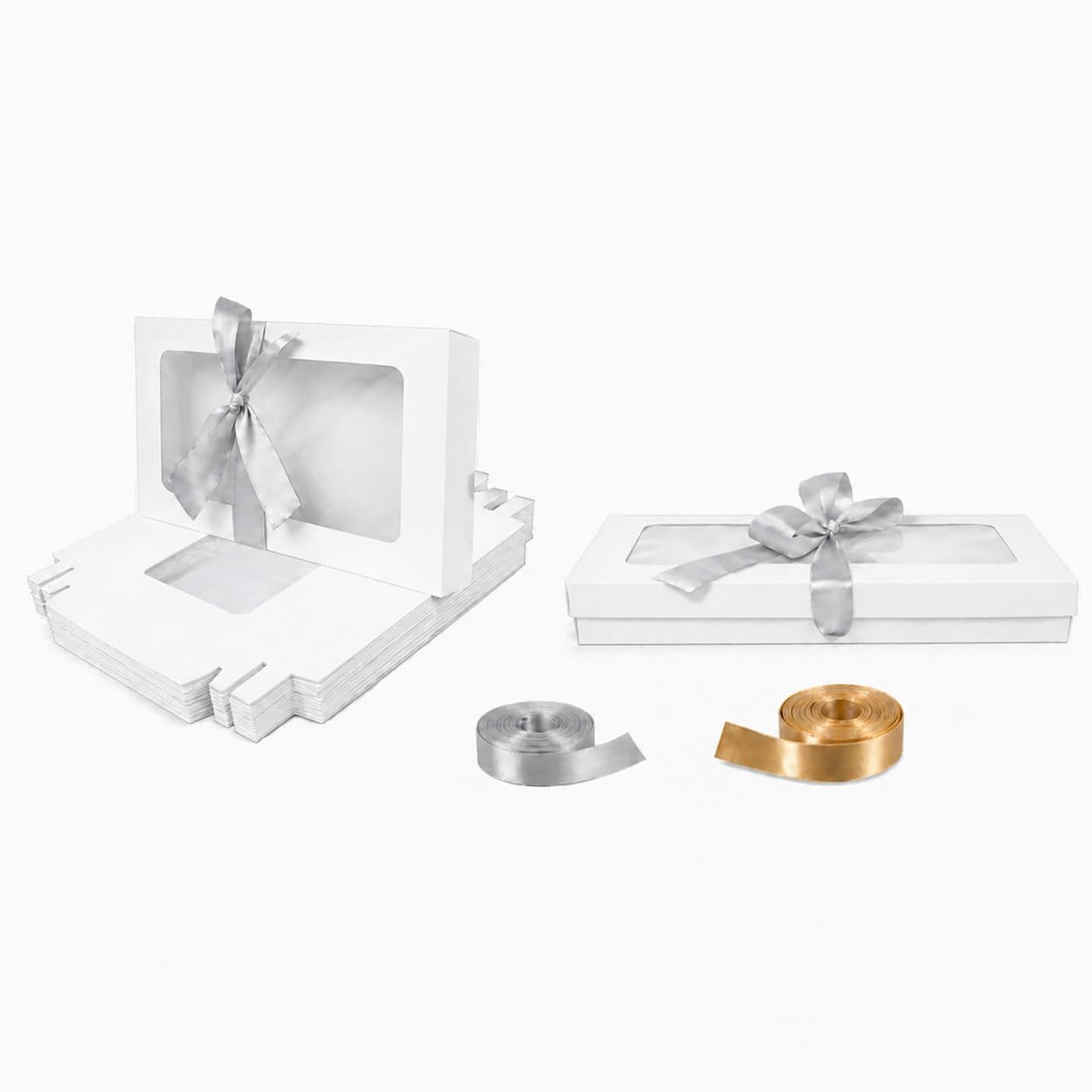 Emartbuy Pack of 12 White Gift Boxes with Clear Window Lid & Grey Satin Ribbon - Small Slim 21 x 12.5 x 2.5 cm - Recyclable Kraft Presentation Box for Hampers, Treats, Weddings & Favours — image 1