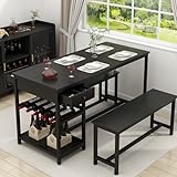 Gyfimoie Dining Table Set for 4-6 People, 54.7' Kitchen Dinner Table with 2 Bench & Storage Drawer & Shelf, 3-Piece Breakfast Nook with Wine Rack & Glass Holder (Black)