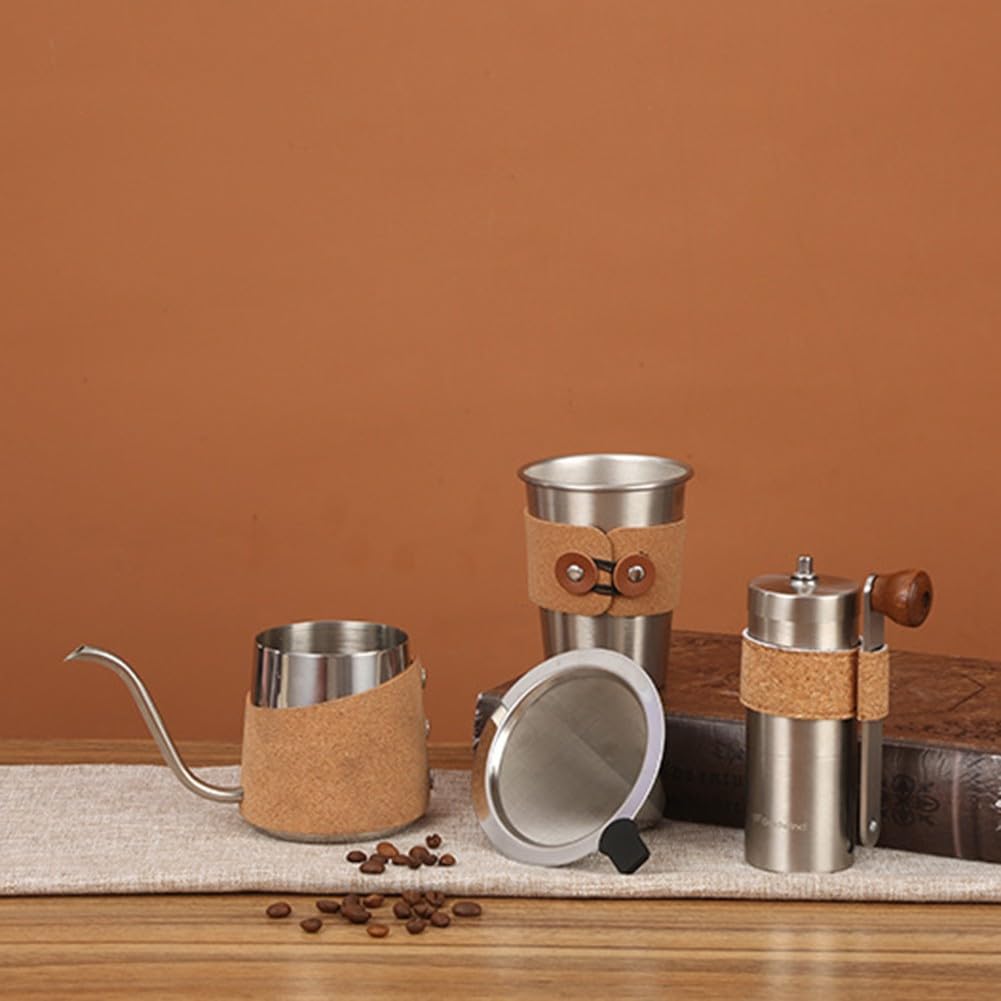 FACAIIO Ensemble de café complet comprenant un pot en acier inoxydable, une tasse, un entonnoir à filtre et un moulin en liège, pour la maison ou le bureau