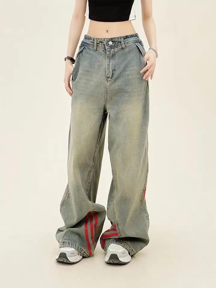 Vintage Grunge Red Striped Wide Leg High Waist Jeans Patchwork Harajuku Hip Hop Casual Trendy Y2k Baggy Pants3