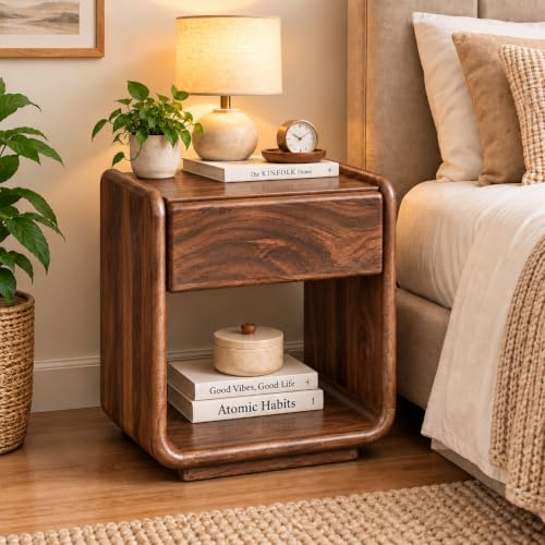 Image of Solid Wood Bedside Table for Bedroom | Wooden Nightstand Lamp Table with Drawer & Open Shelf Storage for Home & Hotels