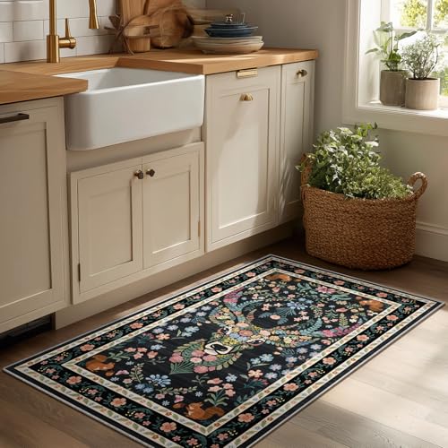Image of Non-Slip Washable Entry Rug Vintage Floral Deer Pattern 2x3 - Bohemian Forest Animal Carpet with Squirrel & Butterfly, Soft Decorative Area Rug for Living Room Bedroom Home Decor