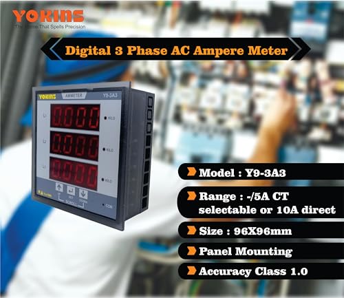 Image of Yokins True RMS Three phase AC Digital Ammeter Y9-3A3 (3 line display) 5A /1A AC CT selectable (upto 10A Direct) used for measurement of 3 phase AC Current, comes with One year Warranty (Size 96x96)