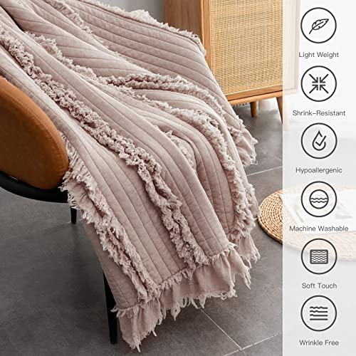Horimote Home YK-KE-136 Ultra Soft Pre-Washed Quilted Throw Blanket, Ruffle Fringed Dusty Rose Pink Decorative Throw, Stone Washed Chic Rustic Blanket For Sofa Couch Bed Chair thumb #2