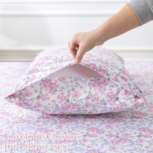 Image of Mooreeke Cozy Vintage Microfiber Printed King Sheet Set - Soft Breathable Percale Cotton Floral Bed Sheets with Deep Pocket - Non-Slip Fitted Design - Pink Purple Flowers Pattern