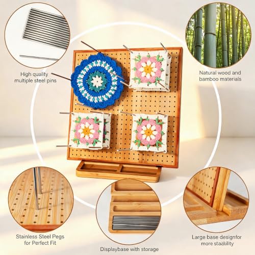 Image of 13 inch Crochet Blocking Board with 20 Pins /Pegs, Granny Square Blocking Boards for Crochet Projects, Wooden Crocheting Accessories Gifts for Crocheters