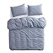 Wake In Cloud - Striped Cotton Duvet Cover Set, 100% Washed Cotton Textured Percale Bedding Set, Ticking Stripe Pinstripe Farmhouse, 3 Pieces, Denim Blue, California King Size