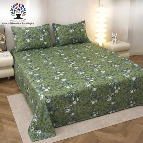 Image of Dream Living Printed Double Bedsheet with 2 Pillow Covers | 110 GSM | 220x240 Cm | Green