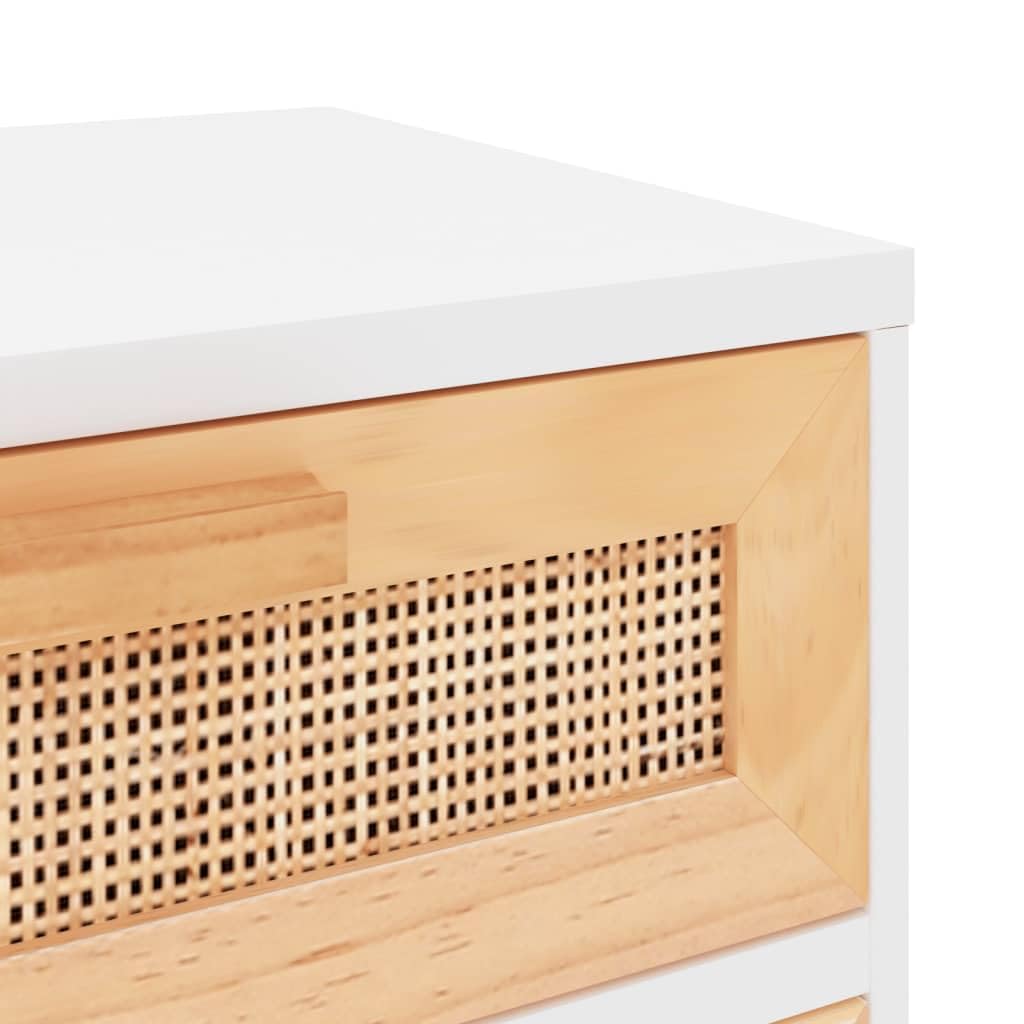Fengshui Comodino bianco in legno massello di pino e rattan naturale