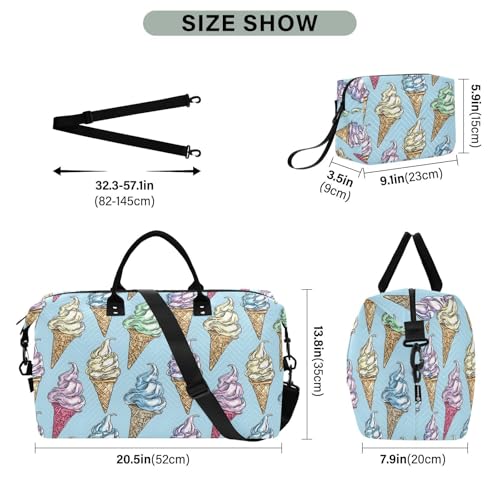 Watercolor Ice Cream Blue Large Travel Duffle Bag Weekender Overnight Bags Gym Yoga Bag for Women Men with Toiletry Bag3