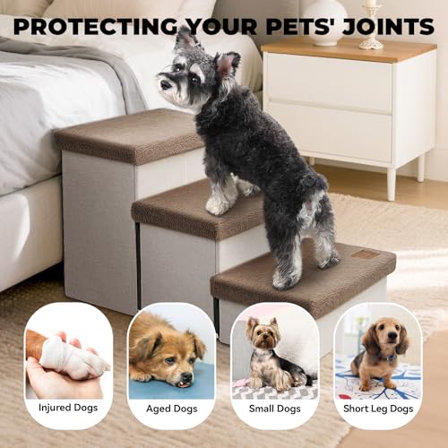Image of Zerbuger Dog Stairs with Furry Lids 18 inch H, 3-Step Wider Dog Steps with Storage for Small /Medium /Large Old Dogs Cats, Folding Sturdy Pet Stairs Climbing Bed Couch, Ramp for Car Up to 200 lbs, Khaki