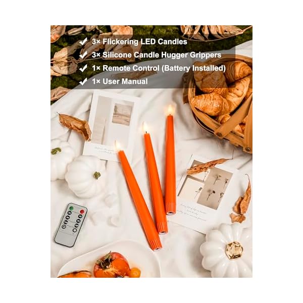   Orange-Flameless-Taper-Candles-with-Remote-and-Timer-965-Inch-Real-Wax-LED-Candlesticks-Fall-Taper-Candles-Battery-Operated-with-3D-Flickering-Flame-Thanksgiving-Candles-for-Table-3-Pack