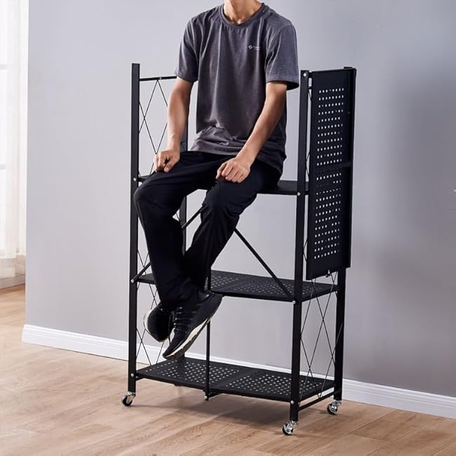 5 Tier Storage Shelves Unit, Foldable Storage Shelves with Wheels, No Assembly Freestanding Metal Wire Shelf Rack Up to 300KG Microwave Stand for Kitchen, Garage, Pantry