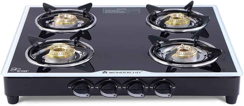 Wonderchef Platinum 4 Burner Manual Glass Cooktop | 6mm Toughened Glass Cooktop | SS Drip tray | Anti-Skid Legs | Large Pan support | Manual Ignition | Black steel frame | 2 Year Warranty | Black