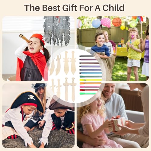 BCYSNR 16 Stück Holzschwert Bemalen Kinder und 12 Stück Wasserfarbstifte, Hölzerne Piraten Zum Bemalen Set, DIY Handgefertigte Holzschwert-Kinder